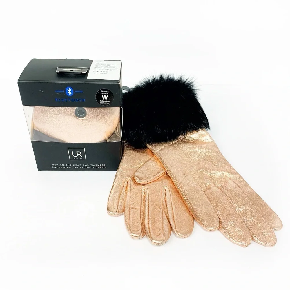 NWT UR Powered Rose Gold Leather Bluetooth Ear Warmers + Fur Cuff Gloves Set